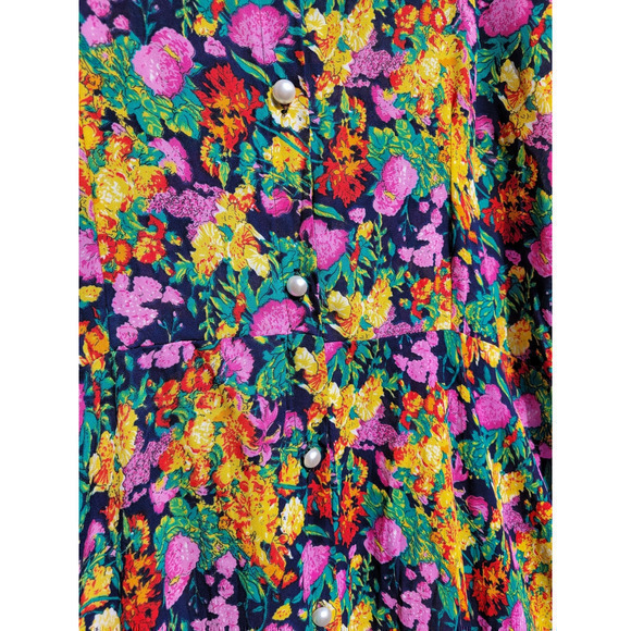 Vintage Cher Jacque Bright Floral Short Sleeve Pearl Button Up Sheer Shirt Dress - Picture 5 of 10